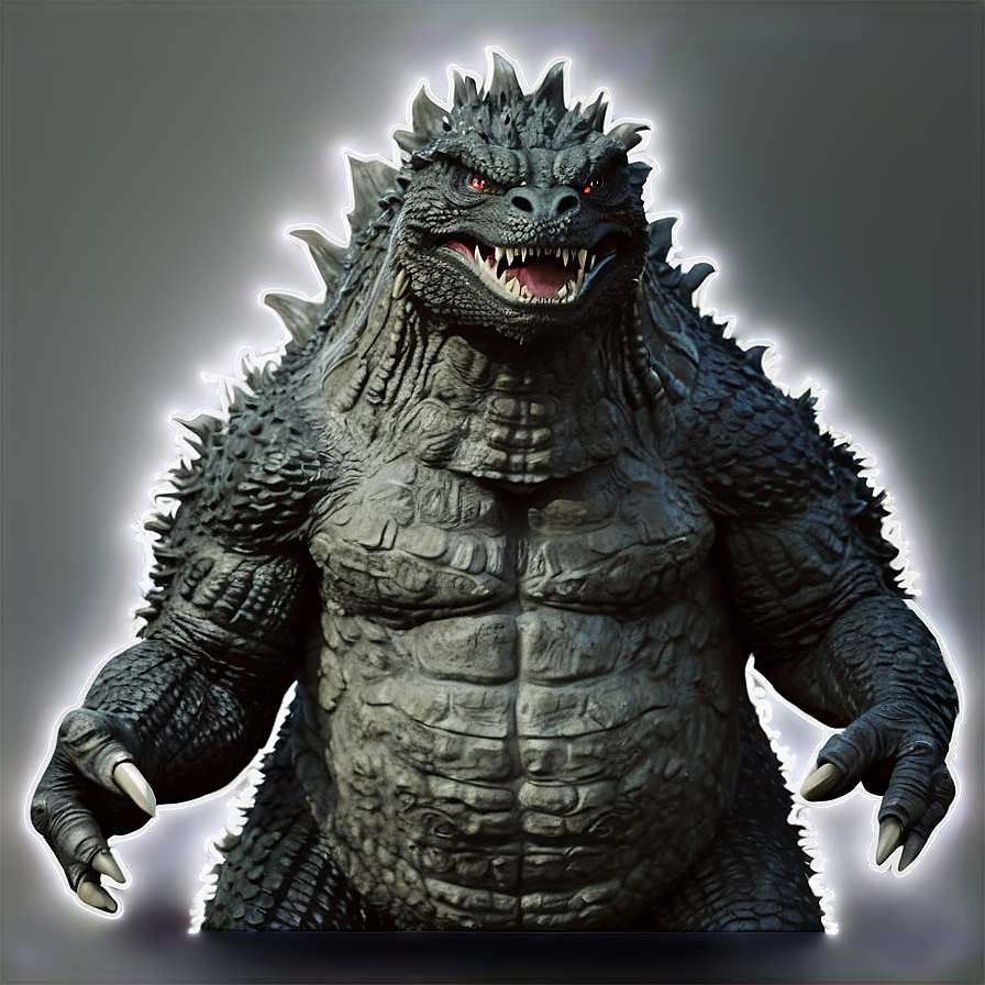 A giant Godzilla with glowing red eyes and spiked back, standing in a dark setting with a bright halo. — Godzilla PNG