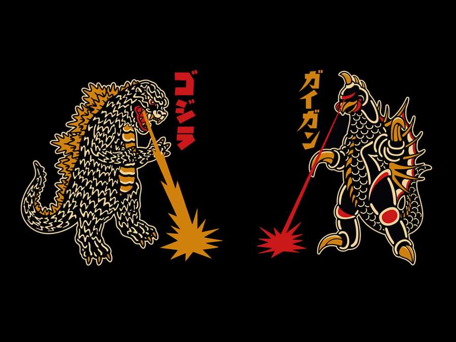 Godzilla and Gigan face off in a stylized illustration with beams and Japanese text. — Godzilla Vs Gigan Wallpaper