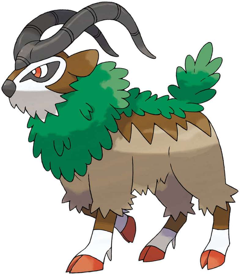 Anime-style goat Pokémon with leafy mane and curved horns. — Gogoat Picture