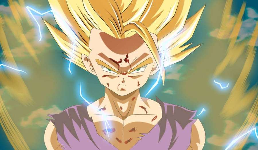 Anime character with golden hair and blood streaks glowing with energy in battle. — Gohan Background
