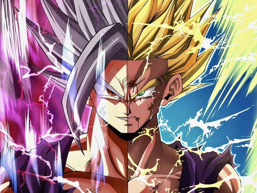 Anime character split face with silver and golden hair surrounded by electric energy. — Gohan Beast Wallpaper