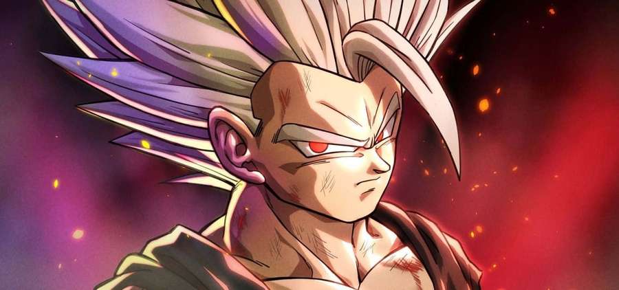 Anime character with spiky white and purple hair and glowing red eyes in a fiery cosmic scene. — Gohan Beast Picture
