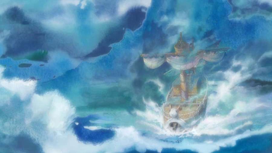 A ship battling rough seas under a stormy sky. — Going Merry Wallpaper