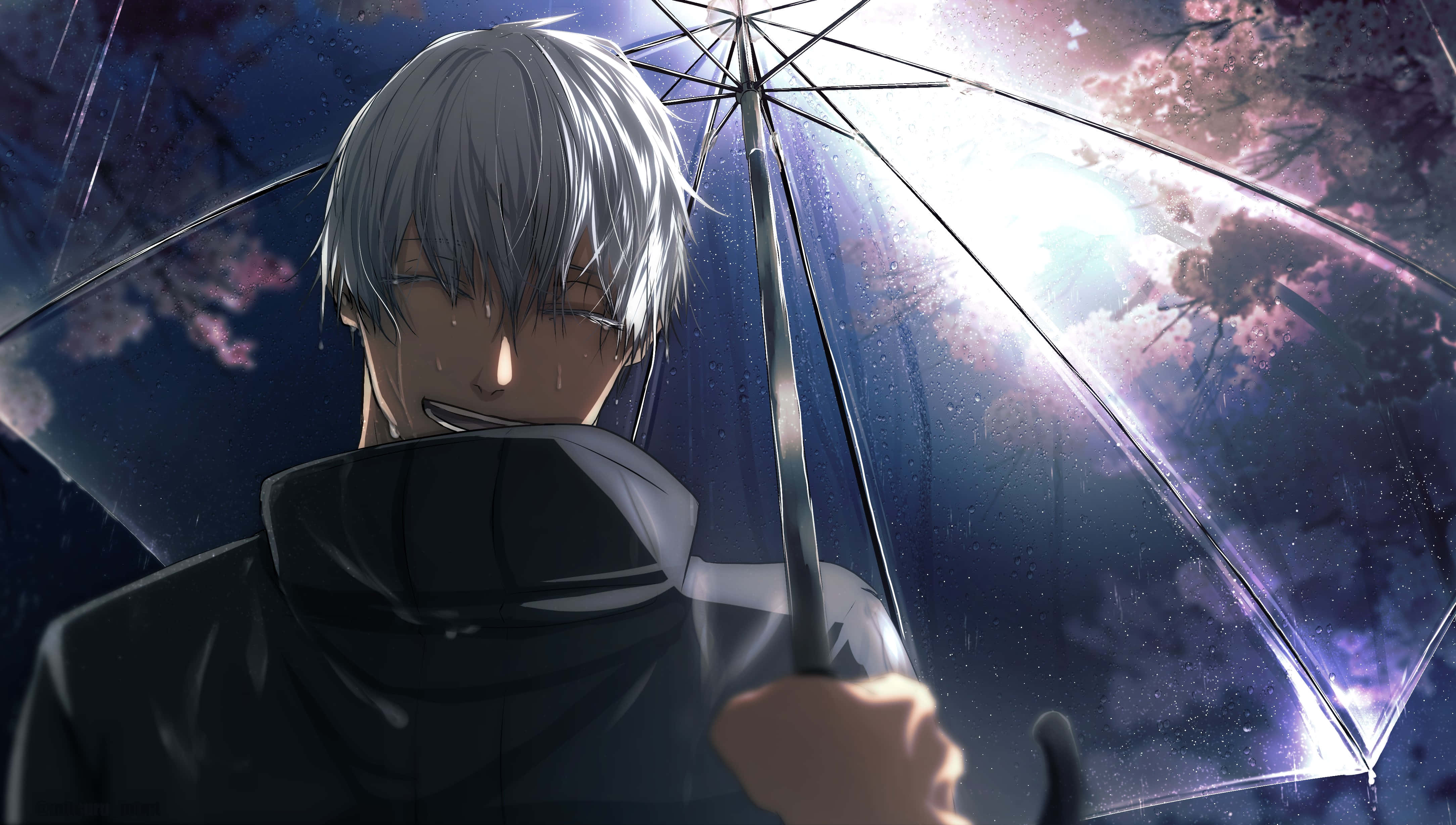 Anime boy with silver hair holding umbrella under starry night with cherry blossoms. — Gojo Picture