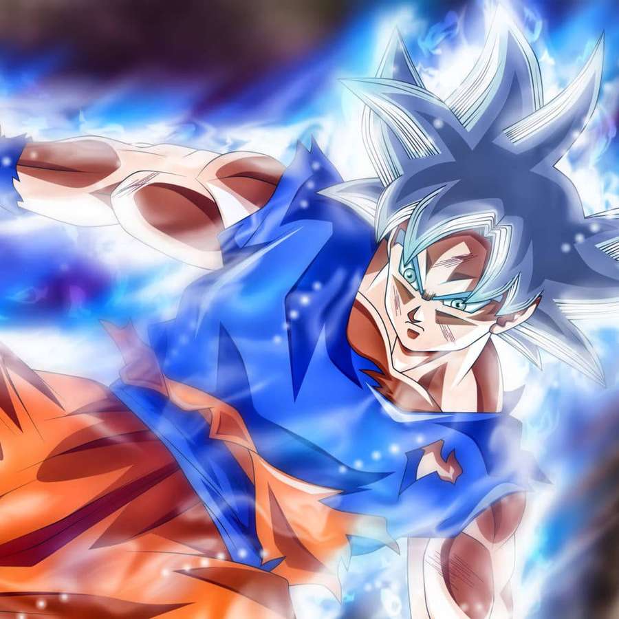 Anime character with blue hair and aura in mid-action pose. — Goku Aesthetic Wallpaper