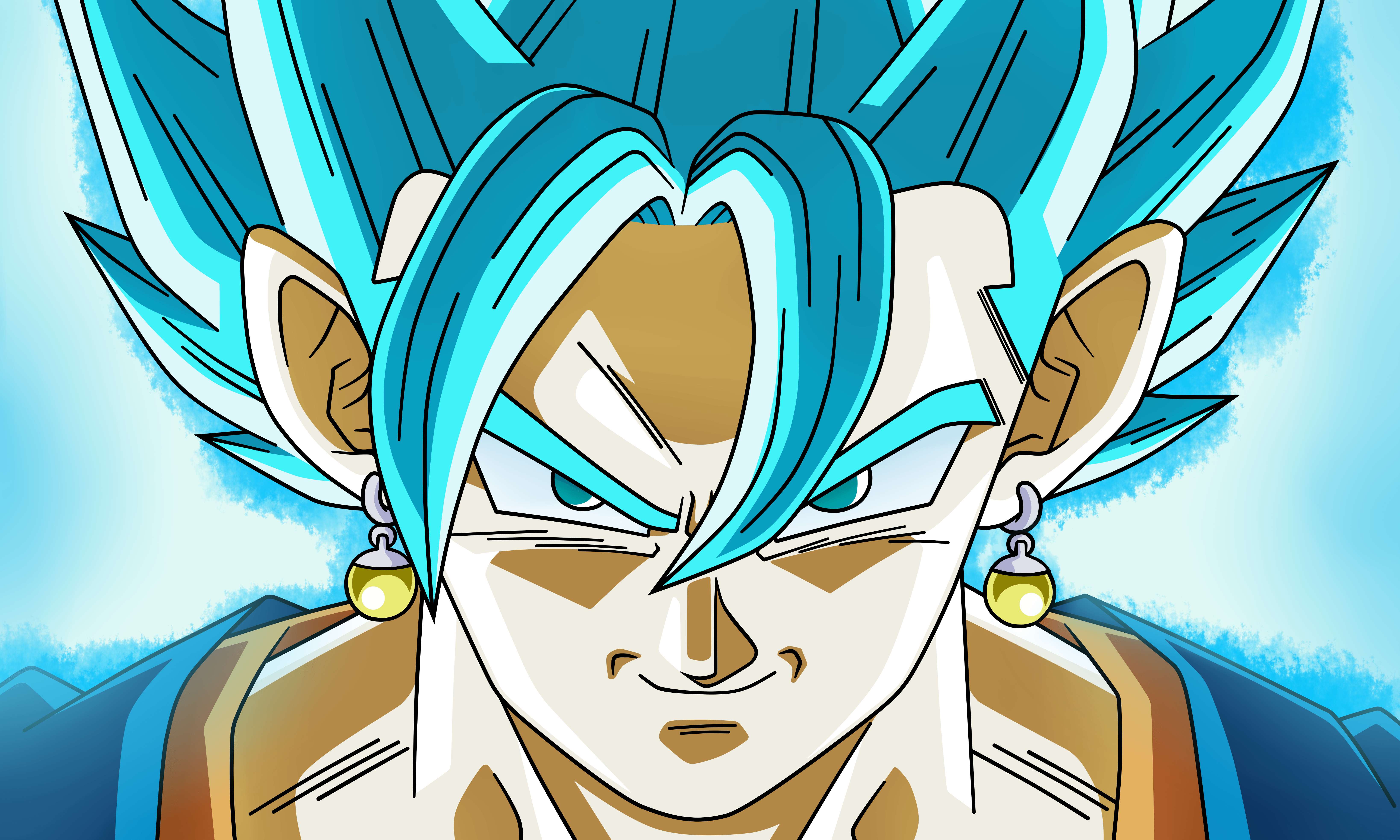 Anime character with blue hair and golden earrings looking fierce. — Goku Background
