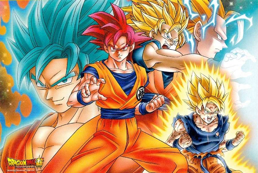 Fünf Dragon Ball Super Saiyajin-Krieger in Kampfposen mit glühender Energie. — Goku Wallpaper