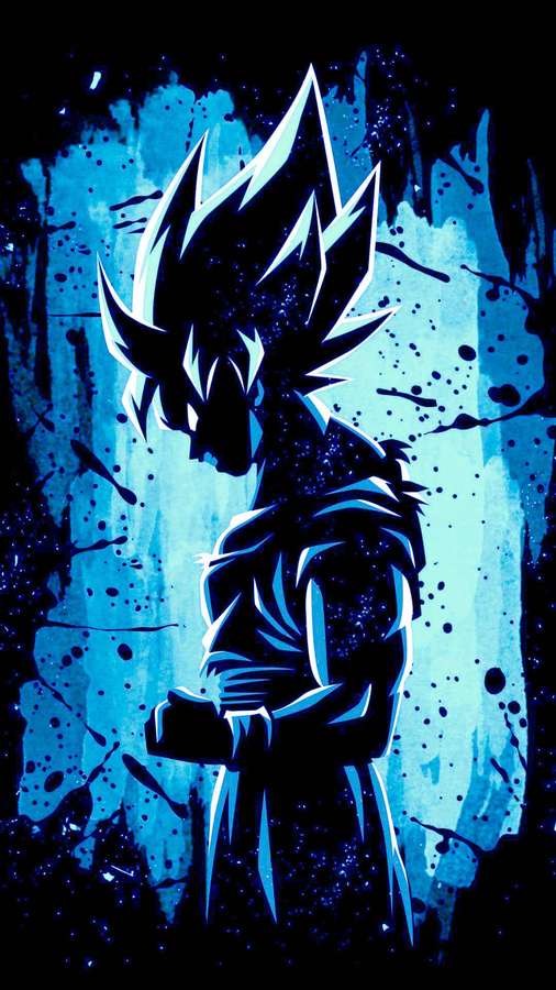 Personaje anime con contorno azul brillante sobre un fondo de salpicaduras azul oscuro. — Goku Estético Fondos de pantalla