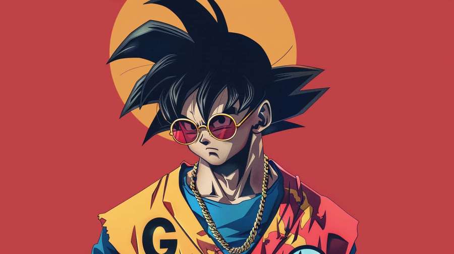 Anime-Figur mit stacheligem Haar und roter Sonnenbrille, die eine gelbe Jacke trägt. — Goku Gucci Wallpaper