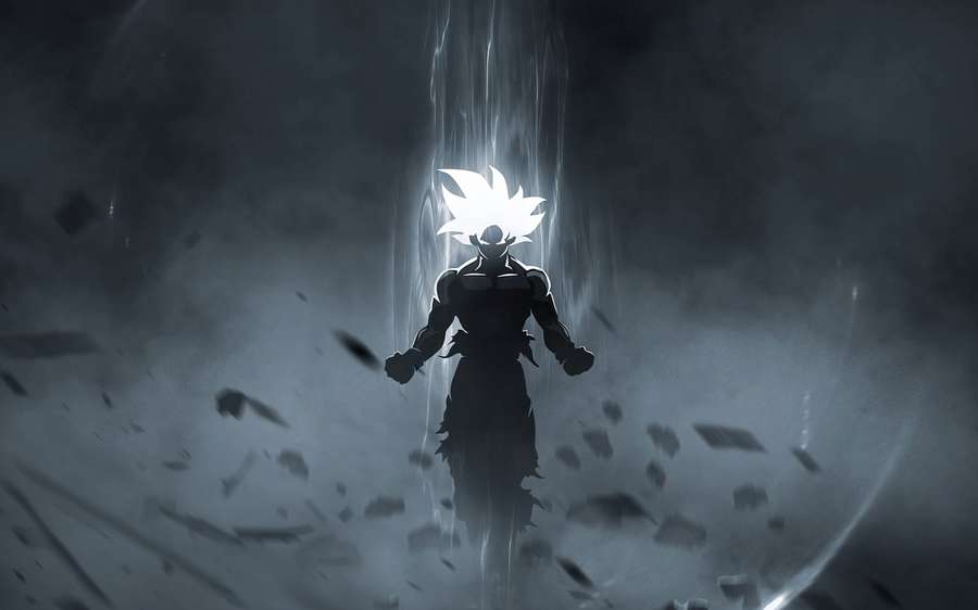 Herói de anime com cabelo brilhante fica em meio a destroços voadores em um vazio escuro e nebuloso. — Goku preto e branco Papéis de Parede