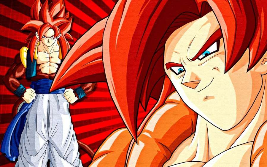 Dois personagens de anime com cabelo ruivo e expressões intensas em uma postura de luta. — Goku Ssj4 Papéis de Parede