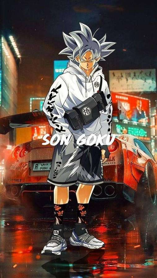 Animehelten Son Goku i en regnfuld neonby ved siden af en rød sportsvogn. — Goku Swag Wallpapers