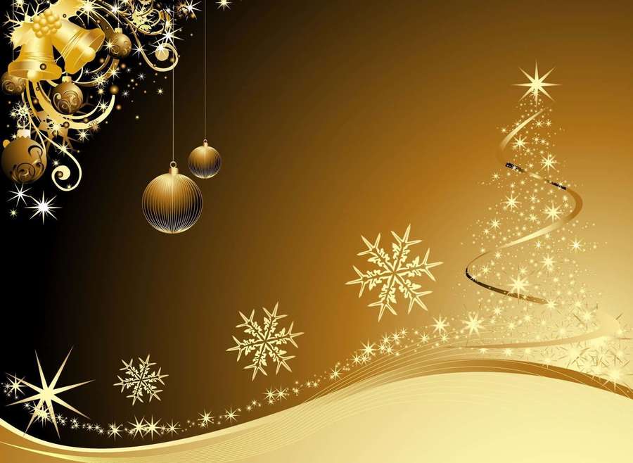 Golden Christmas decorations including bells ornaments and snowflakes on a gradient background. — Gold Christmas Background