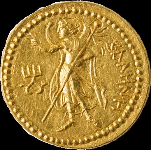 Golden ancient coin with embossed deity holding staff and scepter. — Gold Coin PNG