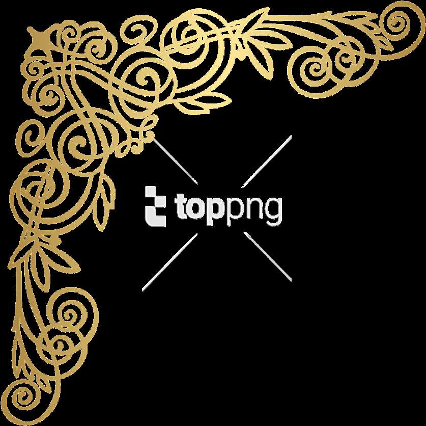 Golden decorative corner flourish with swirling vines and leaves on black background. — Gold Corner PNG