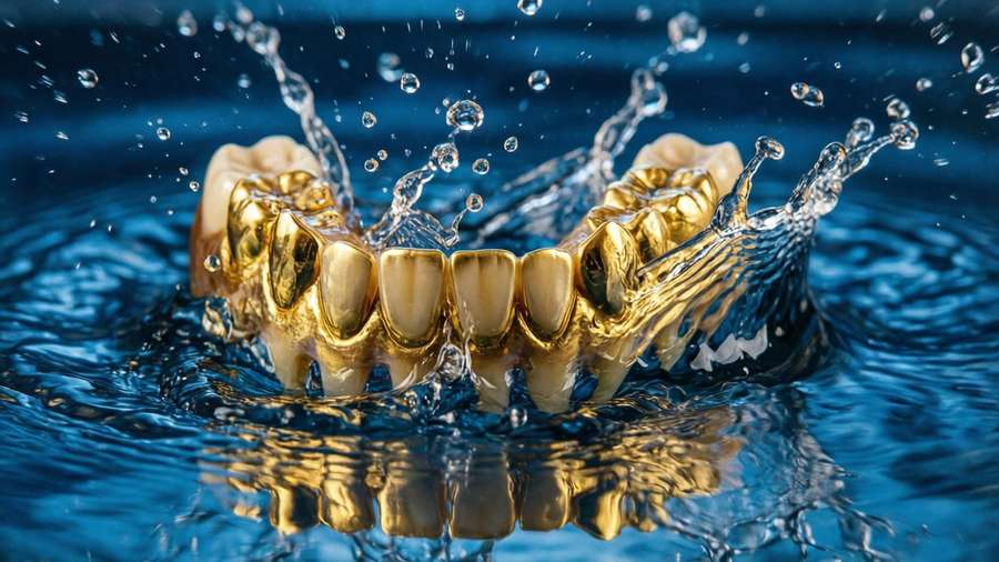 Dynamic splash of water with gold teeth, perfect for a refreshing luxury wallpaper. — Gold Teeth Wallpaper
