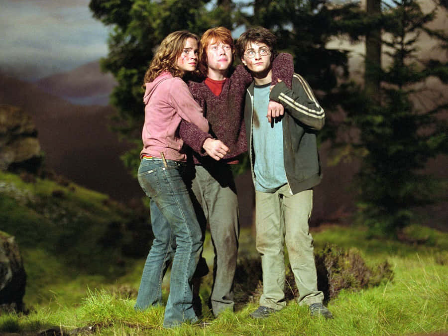 Three young friends standing together on a grassy hillside with trees and mountains behind them. — Golden Trio Background