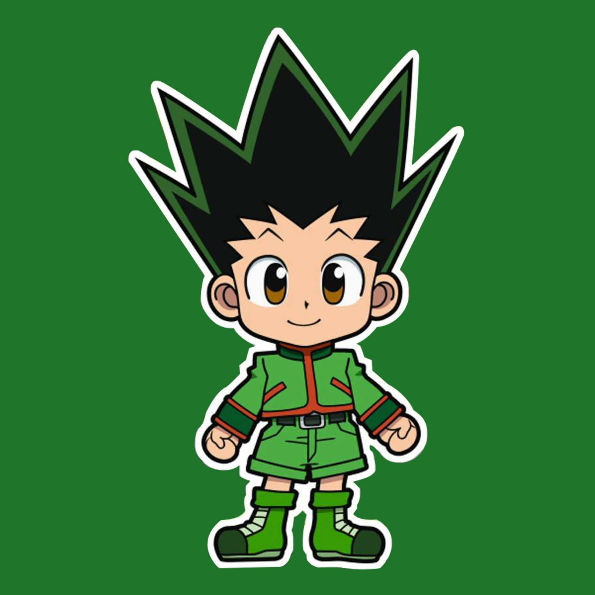 Chibi anime boy with spiky black hair and green outfit smiling. — Gon Wallpaper