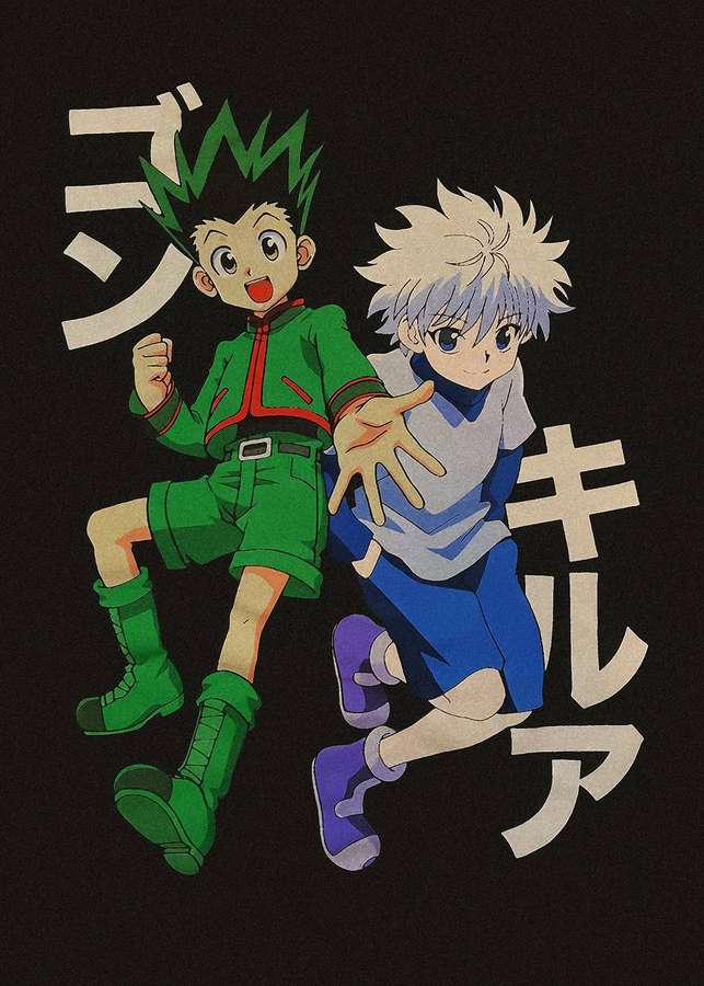 Två anime-karaktärer i actionposer med japansk text på svart bakgrund. — Gon And Killua Bakgrundsbilder