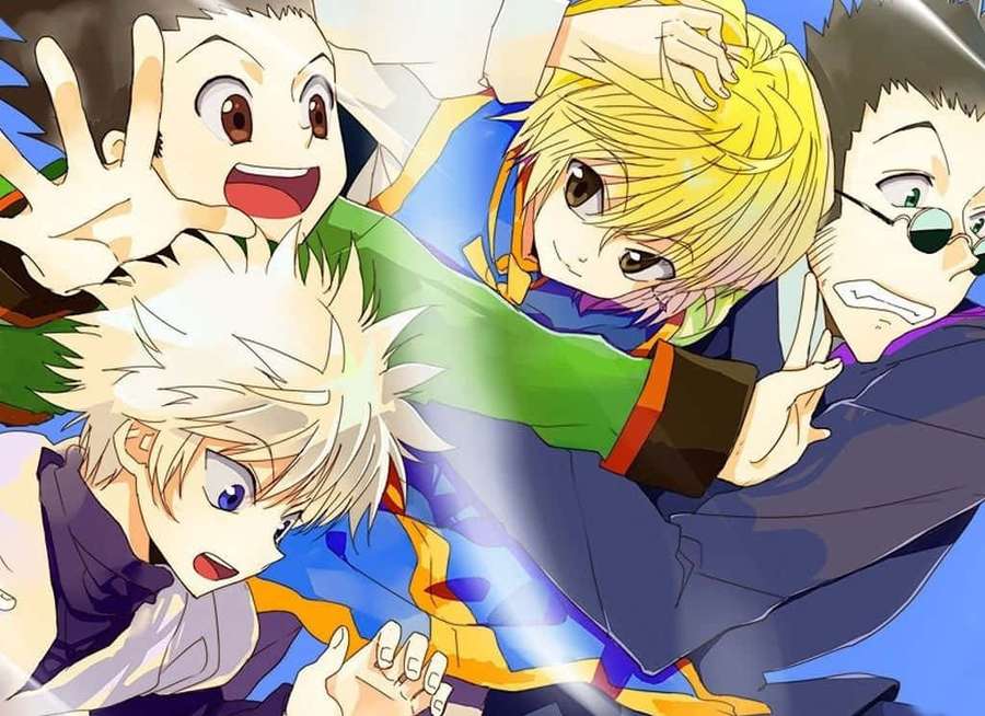 Cuatro personajes de anime con expresiones exageradas y atuendos coloridos en una escena animada. — Gon y Killua Fondos de pantalla