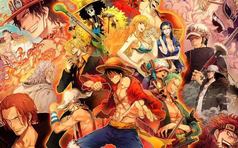One Piece anime characters in action poses with fiery backgrounds. — Good Anime Wallpaper