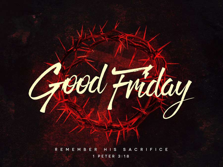 Good Friday text in gold script surrounded by a red crown of thorns with scripture below. — Good Friday Wallpaper