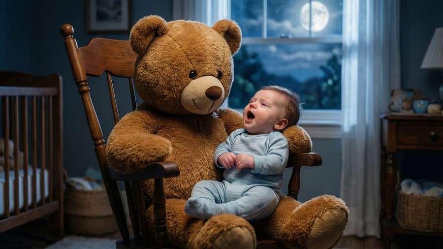 Baby yawning on giant teddy bear in moonlit nursery. — Good luck charlie Background