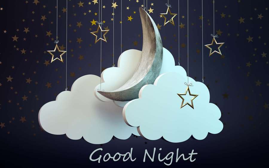 Suspended moon and stars above clouds with 'Good Night' text. — Good Night Picture
