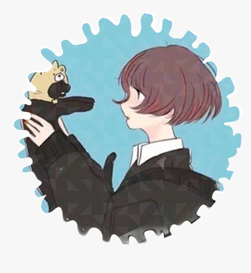 Anime character holding a pug puppet with blue geometric background. — Good Pfp Background