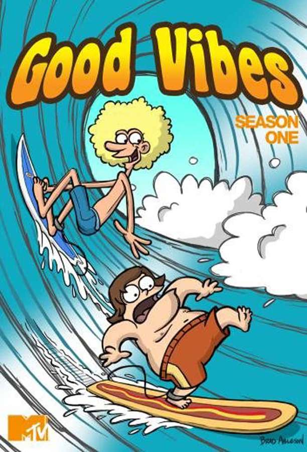 Two cartoon surfers riding a wave with 'Good Vibes' text. — Good Vibes Wallpaper