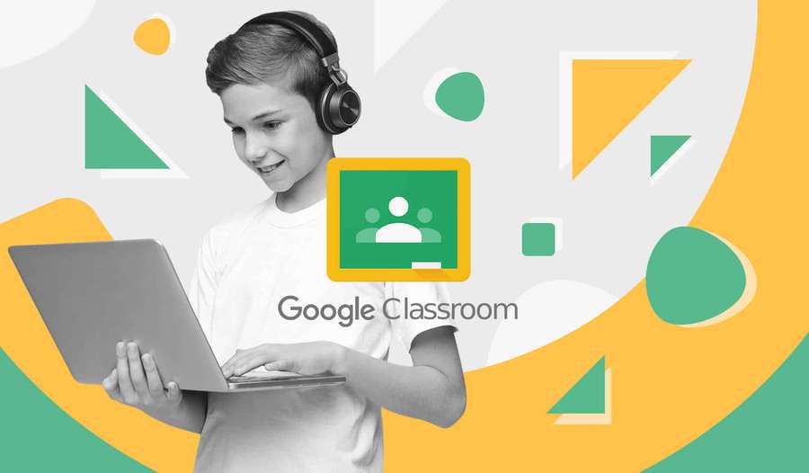 Teenager using laptop with Google Classroom logo and colorful shapes background. — Google Classroom Background