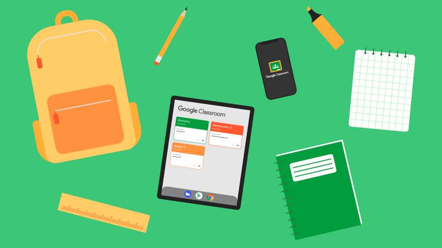 Schulmaterialien inklusive Rucksack, Tablet und Notizbücher auf grünem Hintergrund — Google Classroom Hintergrundbild