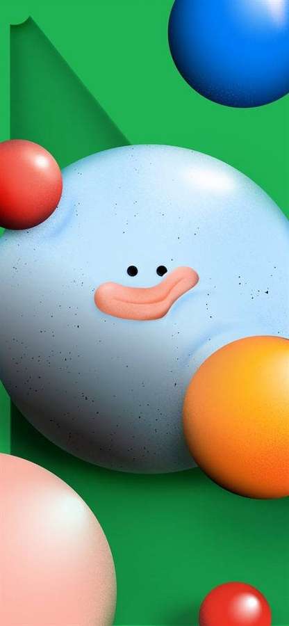 A smiling blue sphere with orange beak surrounded by colorful spheres on green. — Google Pixel 4a Background
