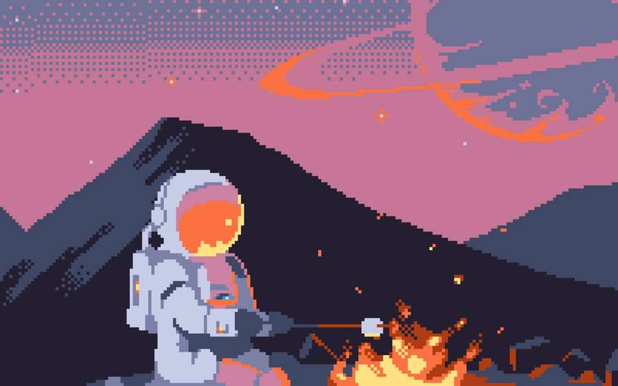 Astronaut röstet Marshmallow am Lagerfeuer auf fremdem Berg in der Nacht. — Google Pixel Desktop Wallpaper