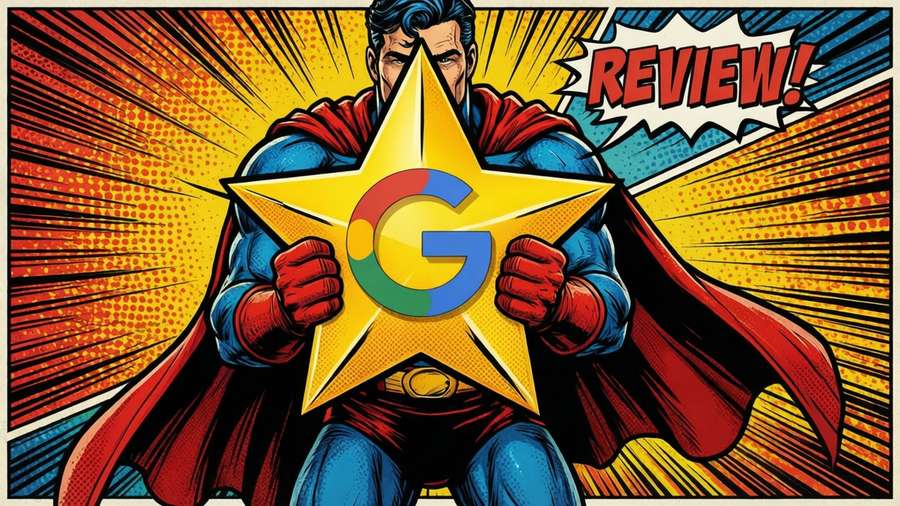 A pop art wallpaper with a superhero and a giant Google Reviews star. — Google Reviews Wallpaper