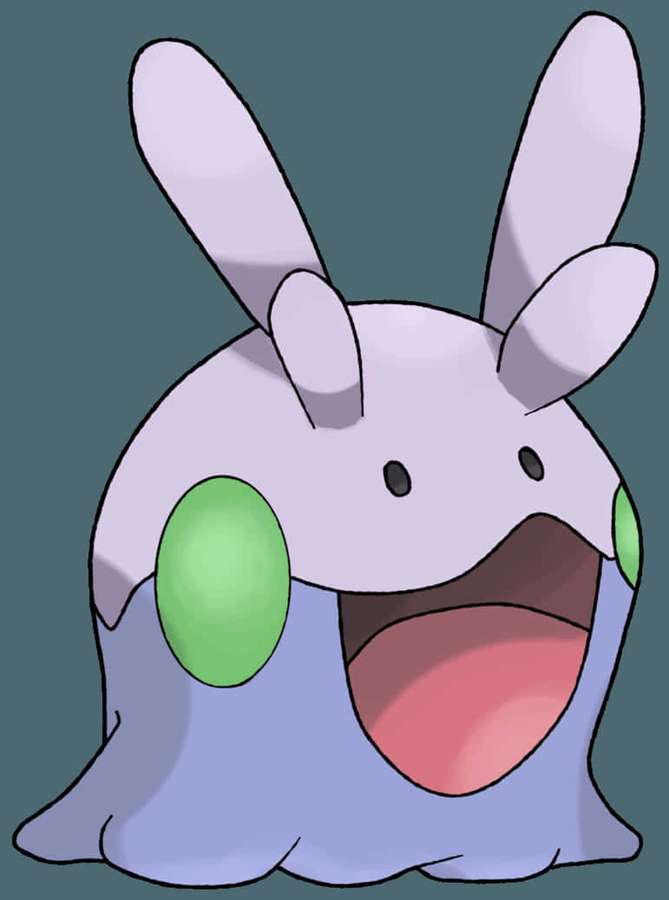 A purple rabbit Pokémon with green cheeks and an open mouth. — Goomy Wallpaper