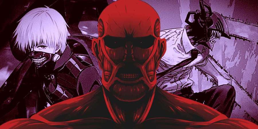 Red giant with skeletal face and masked figure with chainsaw in anime style. — Gore Aesthetic Wallpaper