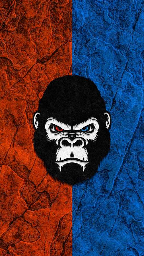 Fierce gorilla face with mismatched red and blue eyes against orange and blue textured backgrounds. — Gorilla iPhone Wallpaper