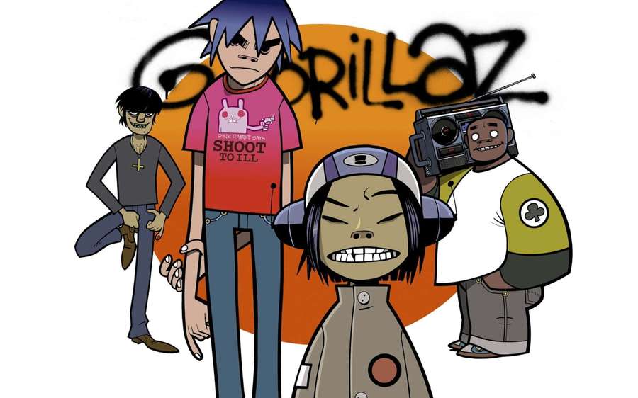 Gorillaz band members in cartoon style with graffiti logo and boombox. — Gorillaz Background