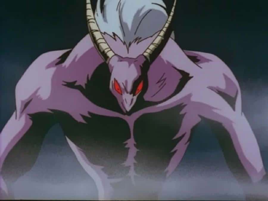 Un demonio de anime amenazante con ojos rojos brillantes y cuernos curvos. — Goshinki Fondos de pantalla