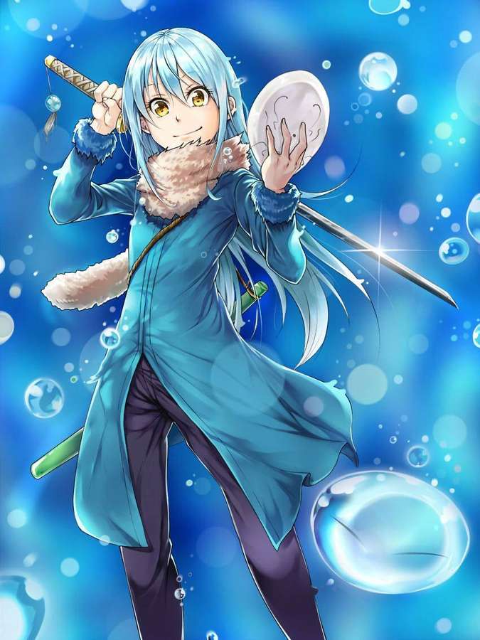 Anime girl with silver hair and yellow eyes holding sword and shield in blue bubble-filled water. — Got Wallpaper