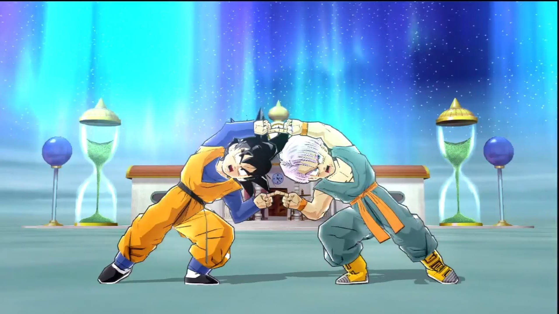 Two anime fighters locked in combat under a glowing aurora with hourglasses nearby. — Goten Background