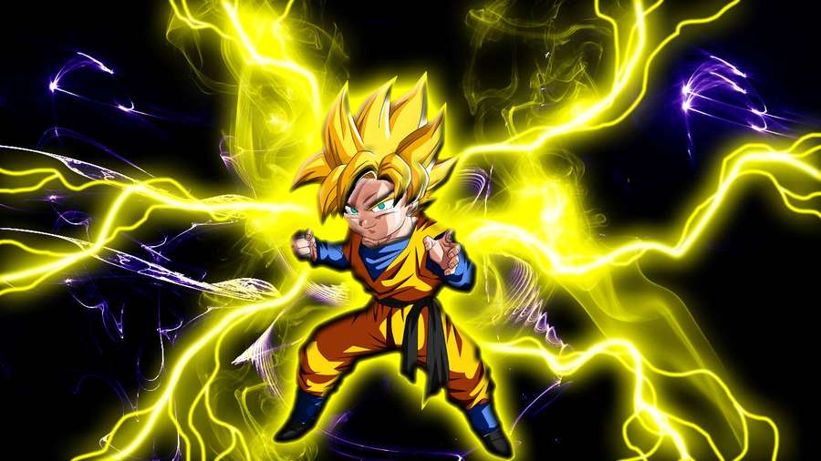 Anime-Charakter Goku in der Super-Saiyajin-Form, umgeben von gelben Blitzen. — Goten Wallpaper