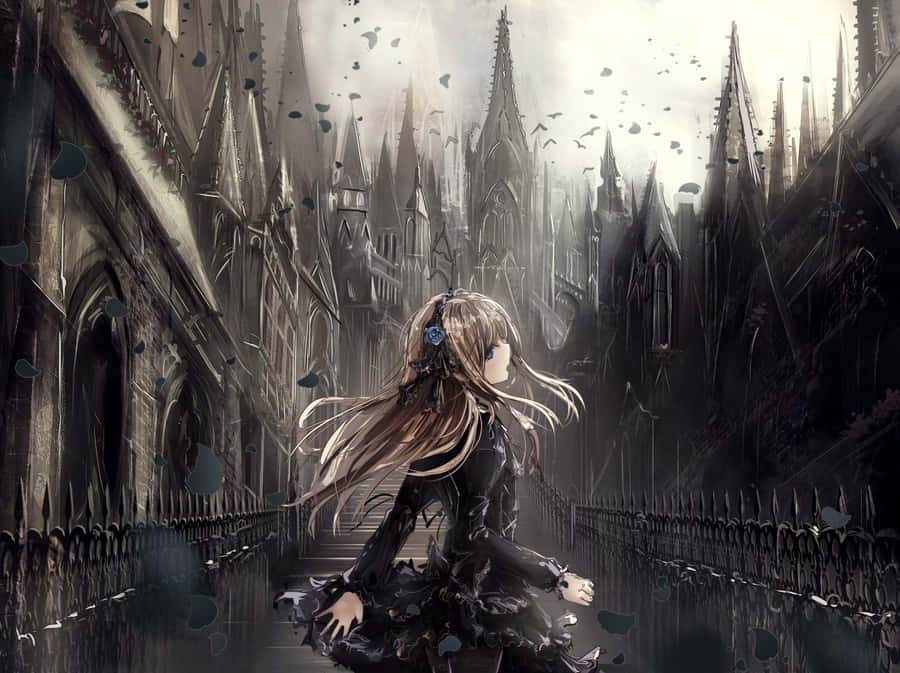 Anime girl in black dress walking through gothic alley with falling petals. — Goth Anime Wallpaper