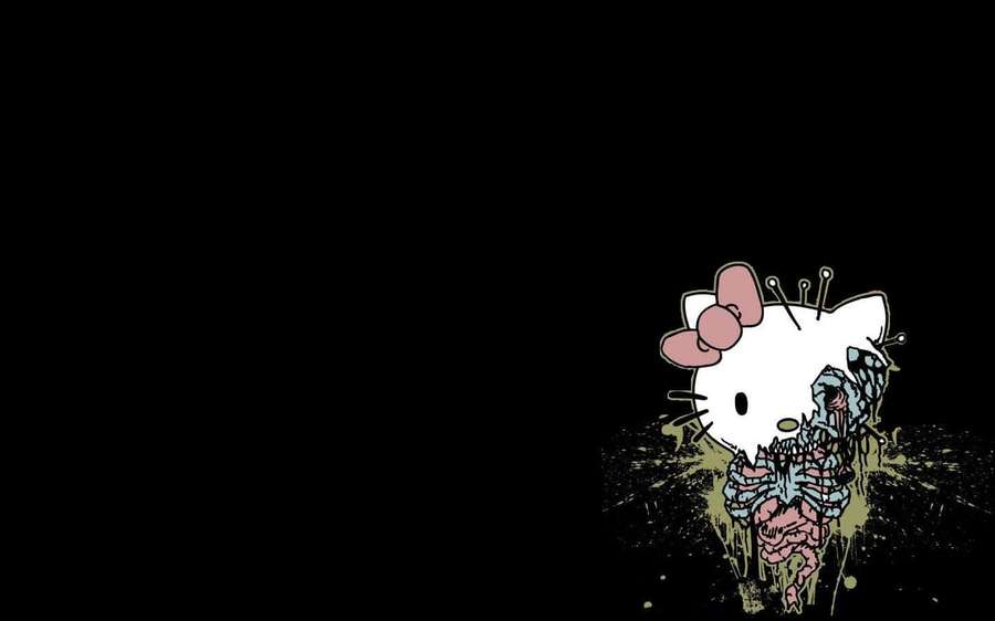 Hello Kitty with zombie decay and splatter on black background — Goth Hello Kitty Aesthetic Wallpaper