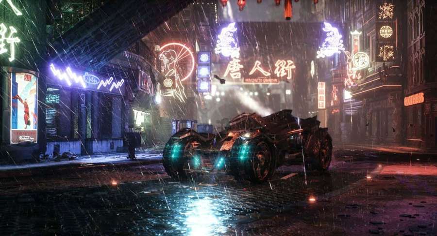 Futuristic armored vehicle driving through rain-drenched neon-lit urban street at night. — Gotham City Background