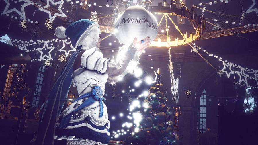 A festive armored character holds a glowing snowflake orb in a decorated hall. — Gothic Christmas Wallpaper