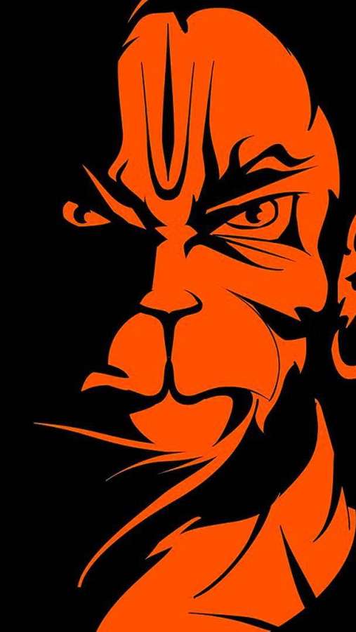 Ein stilisierter orangefarbener Löwe mit wütendem Ausdruck vor schwarzem Hintergrund. — Gott Hanuman Wallpaper