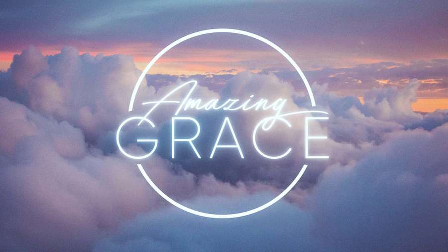 Neon sign saying Amazing Grace above clouds at sunset — Grace Background