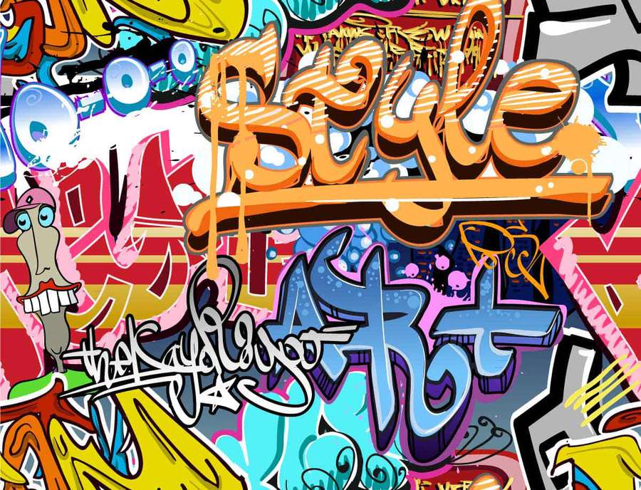 Vibrant graffiti wall with cartoon characters and bold lettering. — Graffiti Desktop Wallpaper